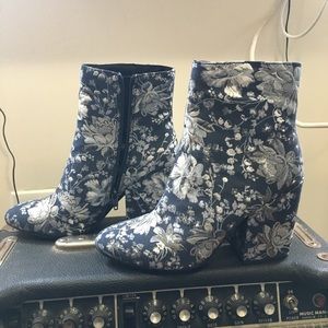Brocade blue and silver ankle boots